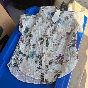 Olivaceous Floral Lace Button Down Shirt - Multicolor